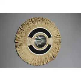 El Yapımı Bohem Hasır ve Boncuk İşlemeli Dekoratif Duvar Aynası - 70 cm Çap