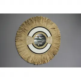 El Yapımı Bohem Hasırlı Yuvarlak Duvar Aynası | Doğal Hasır Fringe & Boncuk İşlemeli Dekoratif Ayna