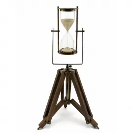 Vintage Pirinç ve Ahşap Tripod Standlı Dekoratif Kum Saati | Masaüstü Antik Zamanlayıcı Obje