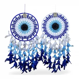 Göz Desenli El Yapımı Nazar Boncuklu Düş Kapanı | Mavi Beyaz Tüylü Ev Duvar Dekoru NO:32