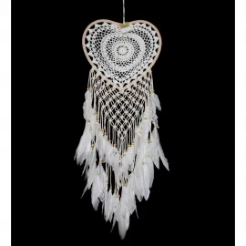 Ruhunuzu Okşayan El Yapımı Beyaz Tüylü Kalpli Düş Kapanı | Bohem Duvar Dekoru