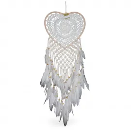Ruhunuzu Okşayan El Yapımı Beyaz Tüylü Kalpli Düş Kapanı | Bohem Duvar Dekoru