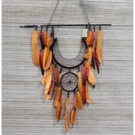 Ok Yayı Tasarımlı El Yapımı Büyük Boy Düş Kapanı | Turuncu Tüylü Etnik Duvar Dekoru