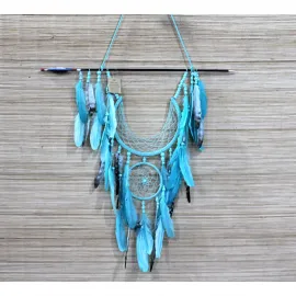 Ok Yayı ve Hilal Tasarımlı El Yapımı Mavi Tüylü Büyük Düş Kapanı | Bohem Ev Dekorasyonu