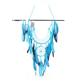 Ok Yayı ve Hilal Tasarımlı El Yapımı Mavi Tüylü Büyük Düş Kapanı | Bohem Ev Dekorasyonu