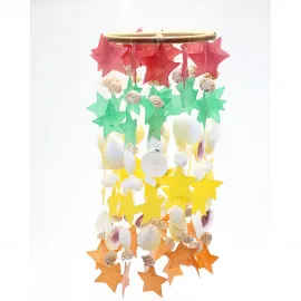 El Yapımı Sedefli Gökkuşağı Renklerinde Deniz Kabuğu ve Yıldız Temalı Rüzgar Çanı