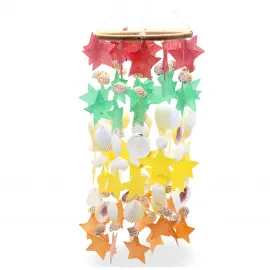 El Yapımı Sedefli Gökkuşağı Renklerinde Deniz Kabuğu ve Yıldız Temalı Rüzgar Çanı