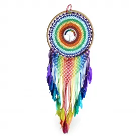 Gökkuşağı Renklerinde El Yapımı Hayat Ağacı Temalı Makrome Düş Kapanı Rüya Kapanı