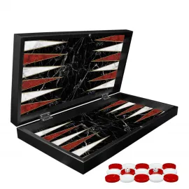 Lüks Mermer Desenli Tavla Satranç ve Dama Seti – Zarif Siyah Beyaz Ahşap Oyun Kutusu