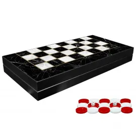 Lüks Mermer Desenli Tavla Satranç ve Dama Seti – Zarif Siyah Beyaz Ahşap Oyun Kutusu