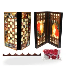 Sanatsal Kaplumbağa Terbiyecisi Temalı 2'si 1 Arada Lüks Tavla ve Satranç Oyun Seti