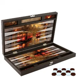 Lüks Derili Trendy Tramvay Tasarımı Tavla Seti | Şehir Manzaralı Sanatsal Backgammon | Özel Hediyelik