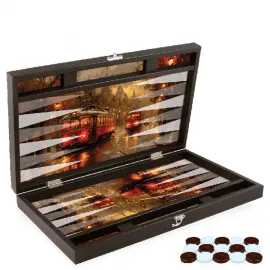 Lüks Derili Trendy Tramvay Tasarımı Tavla Seti | Şehir Manzaralı Sanatsal Backgammon | Özel Hediyelik