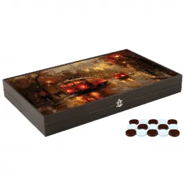 Lüks Derili Trendy Tramvay Tasarımı Tavla Seti | Şehir Manzaralı Sanatsal Backgammon | Özel Hediyelik