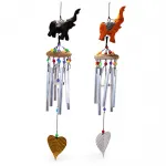 El Yapımı Ahşap Fil Biblolu, Renkli Boncuklu Metal Borulu Dekoratif Rüzgar Çanı