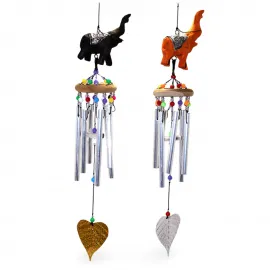 El Yapımı Ahşap Fil Biblolu, Renkli Boncuklu Metal Borulu Dekoratif Rüzgar Çanı