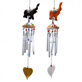 El Yapımı Ahşap Fil Biblolu, Renkli Boncuklu Metal Borulu Dekoratif Rüzgar Çanı