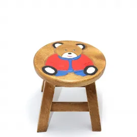 Sevimli Ayıcık Figürlü Ahşap Çocuk Taburesi - Büyük Boy Çocuk Odası Dekoru