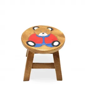 Sevimli Ayıcık Figürlü Ahşap Çocuk Taburesi - Büyük Boy Çocuk Odası Dekoru