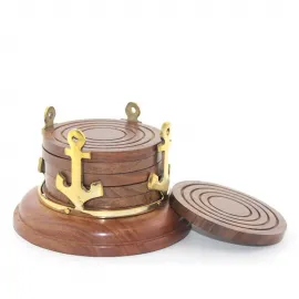 Deniz Temalı Pirinç Çapalı Ahşap Bardak Altlığı Seti | El Yapımı Dekoratif Supla