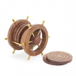 Denizci Temalı Pirinç Dümenli Ahşap Bardak Altı Seti - Ev ve Ofis Şıklığı