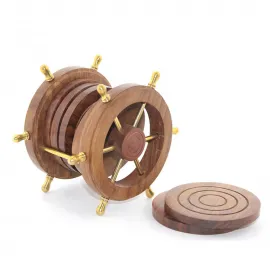 Denizci Temalı Pirinç Dümenli Ahşap Bardak Altı Seti - Ev ve Ofis Şıklığı