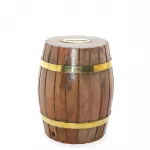 El Yapımı Pirinç Detaylı Ahşap Fıçı Kumbara | Dekoratif Tasarım | 12.5 cm Boyut