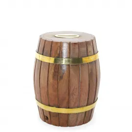 El Yapımı Pirinç Detaylı Ahşap Fıçı Kumbara | Dekoratif Tasarım | 12.5 cm Boyut