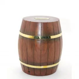 Pirinç Destekli Ahşap Fıçı Kumbara 18 Cm - Dekoratif Tasarruf Kutusu Hediyelik