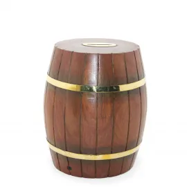 Pirinç Destekli Ahşap Fıçı Kumbara 18 Cm - Dekoratif Tasarruf Kutusu Hediyelik