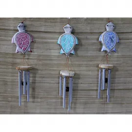 Dekoratif Ahşap Kaplumbağa Üstlü Metal Rüzgar Çanı | El Yapımı Bahçe Balkon Hediyelik