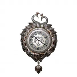 Zarif Gümüş Tonlu Lüks Dekoratif Tavuskuşu Çifti Temalı Duvara Asmalı Salon Saati