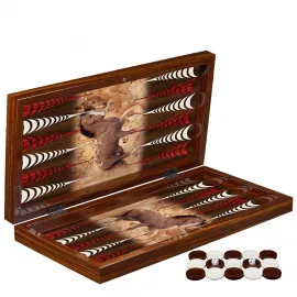 Lüks El Yapımı At Desenli Ceviz Tavla Takımı - Premium Koleksiyon Oyun Seti