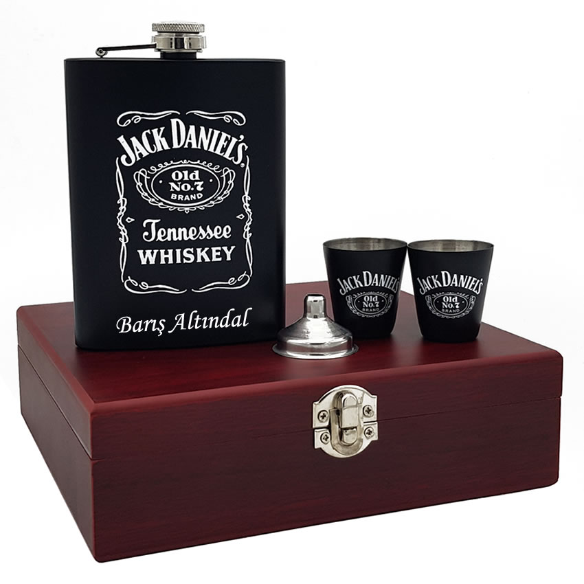 Kişiye Özel Jack Daniel's Matara ve Shot Bardak Seti (Ahşap Kutulu)