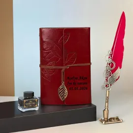Sevgiliye Hediye Kişiye Özel Romantik Kırmızı Tüylü Divit Kalem & Hatıra Defteri Seti - Kaligrafi Deneyimi