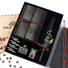 Kişiye Özel Nostaljik Tüylü Divit Kalem ve Hatıra Defteri Seti | Avukata, Hakime, Savcıya Hediye Kaligrafi Seti