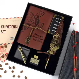 Kişiye Özel Kahverengi Tüy Kalemli Kurumsal ve Yıldönümü Hediyesi Kaligrafi Seti
