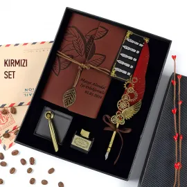 Kişiye Özel Kırmızı Tüy Kalemli Hatıra Defteri & Kaligrafi Seti - Sevgiliye Özel Hediyelik Eşya