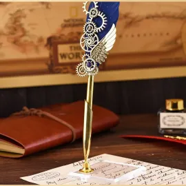 Kişiye Özel Mavi Tüy Kalemli Sevgiliye Kurumsal Hediye Hatıra Defteri ve Kaligrafi Seti