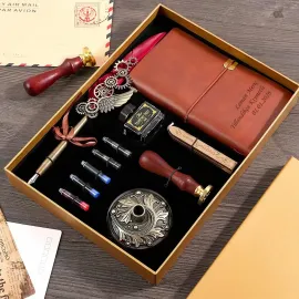 Öğretmene Hediye Seti: Kişiye Özel Deri Not Defteri, Vintage Dolma Kalem ve Mühür Seti