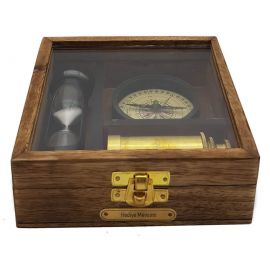 Kişiye Özel Pirinç Dürbün - Kum Saati ve Pusula Ahşap Kutulu Hediye Seti