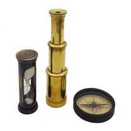 Kişiye Özel Pirinç Dürbün - Kum Saati ve Pusula Ahşap Kutulu Hediye Seti