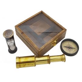 Kişiye Özel Pirinç Dürbün - Kum Saati ve Pusula Ahşap Kutulu Hediye Seti