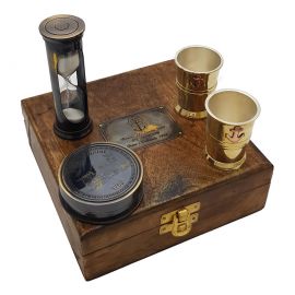 Kişiye Özel Pirinç Pusula - Shot Bardak ve Kum Saati Ahşap Kutulu Marine Hediye Seti