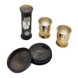 Kişiye Özel Pirinç Pusula - Shot Bardak ve Kum Saati Ahşap Kutulu Marine Hediye Seti