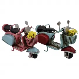 Dekoratif Retro Vespa Mini Scooter Seti (2'li) - El Yapımı Metal Maket Çiçek Sepetli