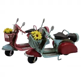 Dekoratif Retro Vespa Mini Scooter Seti (2'li) - El Yapımı Metal Maket Çiçek Sepetli