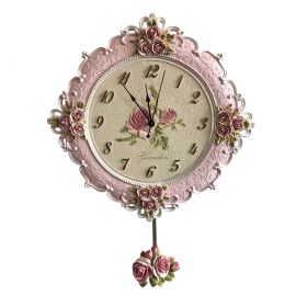 Sarkaçlı Pembe Gül Motifli Duvar Saati