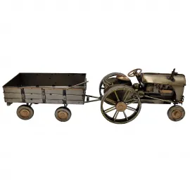 El Yapımı Metal Vintage Römorklu Dekoratif Traktör Maketi