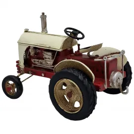 Vintage Metal Kırmızı-Krem Traktör Figürü ve Masaüstü Dekoratif Obje
